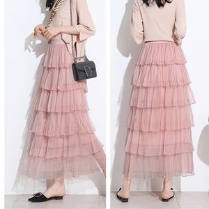 Elegant Long Tulle Pink Princess Tiered Skirts Lace Mesh Skirt Maxi Skirts